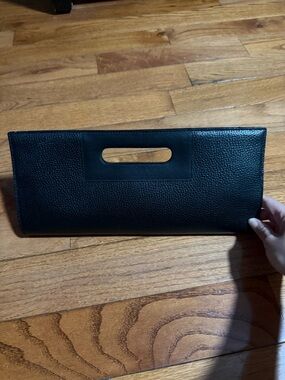 Black Textured Leather Cutout Handle Clutch